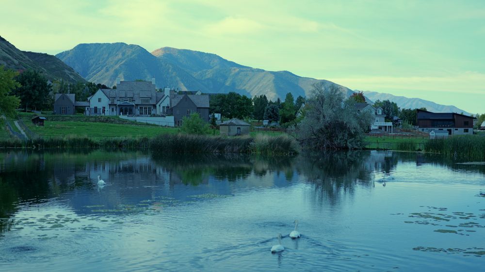 The same pond after correcting the JPEG: the sky turns an odd green